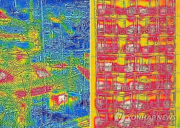 ▲사진은 한파속 열화상 카메라로 촬영한 서울 노원구 중계동 백사마을(왼쪽)과 서울 시내의 한 아파트 단지(오른쪽). 열화상 카메라로 촬영한 사진은 온도가 높을수록 붉은색, 낮을수록 푸른색을 나타낸다. 사진제공:연합뉴스