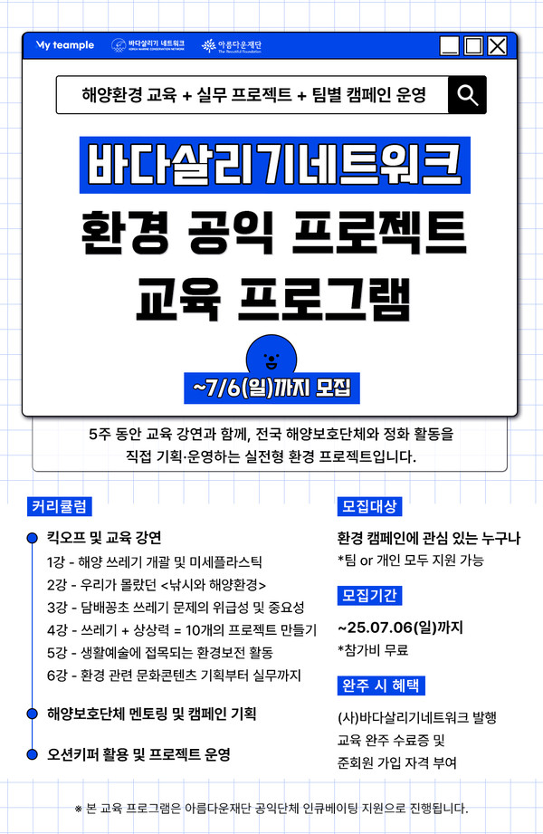 ▲사진: 공익 환경 프로젝트 교육, 출처: 사단법인 바다살리기네트워크