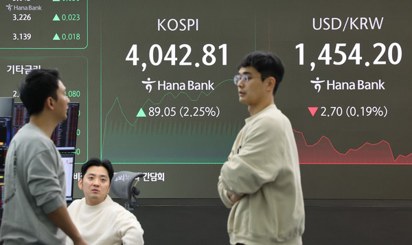 ▲10일 오전 서울 중구 하나은행 본점 딜링룸 현황판에 코스피, 원/달러 환율이 표시돼 있다. 이날 코스피는 상승 출발해 개장 직후 4,000선을 재돌파했다. 코스피는 이날 오전 9시 3분 현재 전장보다 59.79포인트(1.51%) 오른 4,013.55에 거래되고 있다. 2025.11.10