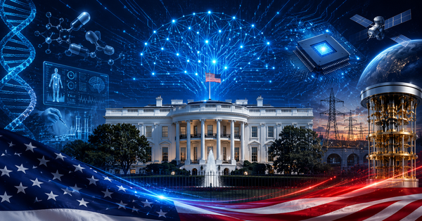 U.S. Invests $5 Billion in AI Science National Strategy to Expand Semiconductor and Bio Dominance Competition AI-generated image depicting AI, semiconductors, bio, power grid, space, and quantum technologies centered around the White House